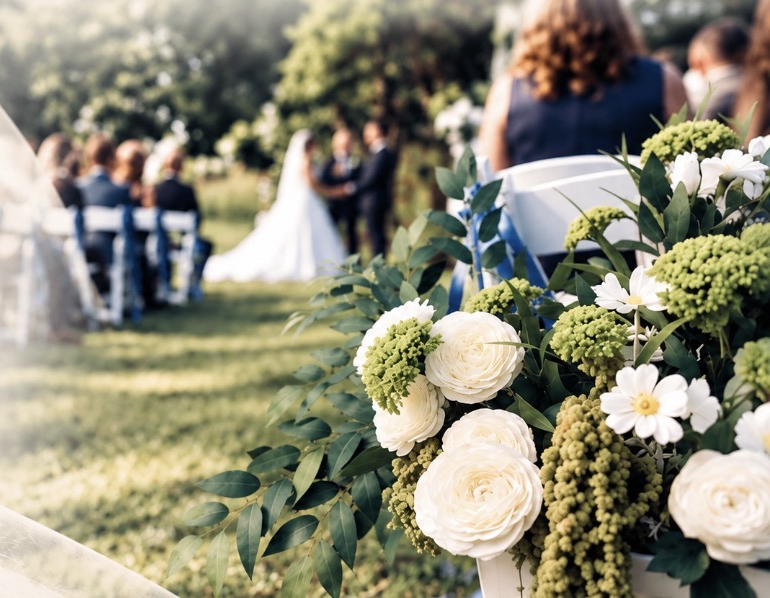 Fleurs blanches et cérémonie de mariage en plein air
